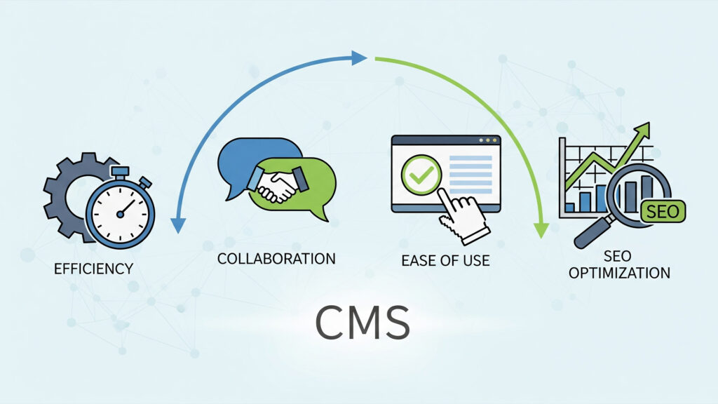 CMS چیست؟ | راهنمای کامل سیستم مدیریت محتوا برای وبسایتها 1 اینفوگرافیک نمایش دهنده مزایای کلیدی سیستم مدیریت محتوا (CMS) شامل کارایی، همکاری، سهولت استفاده و بهینهسازی سئو.